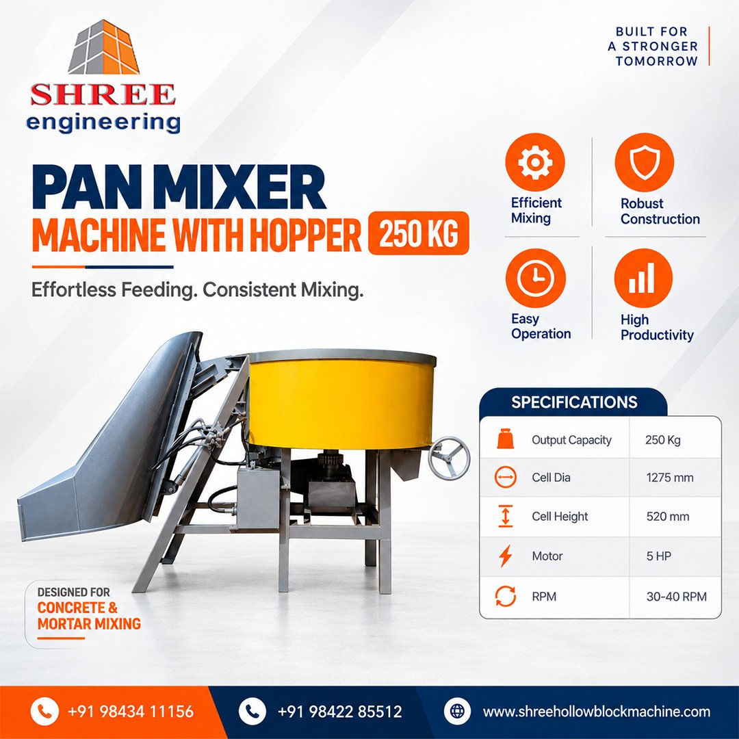 Pan Mixer Machine with Hopper 250 KG - Efficient Concrete Mixing Solution